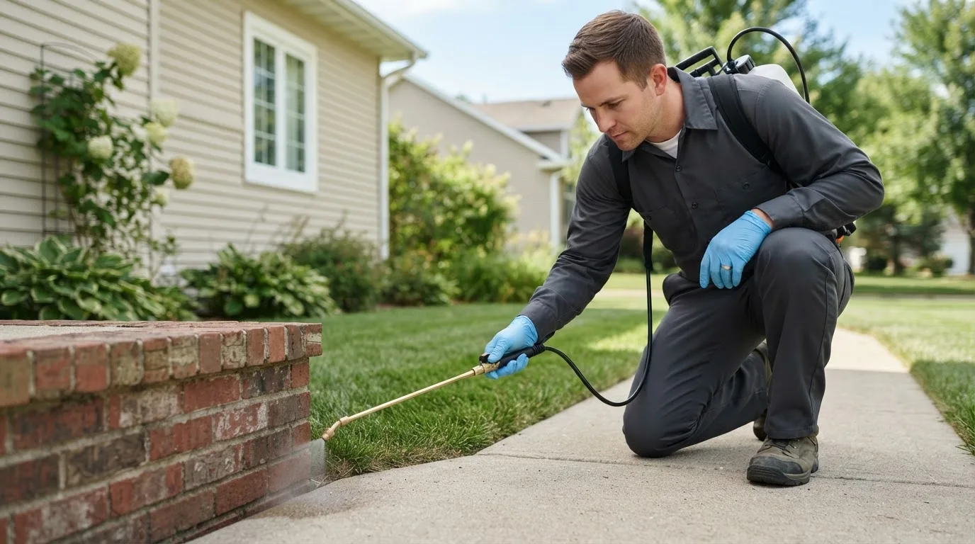 Pest control technician treating a home near Carlton, MN
